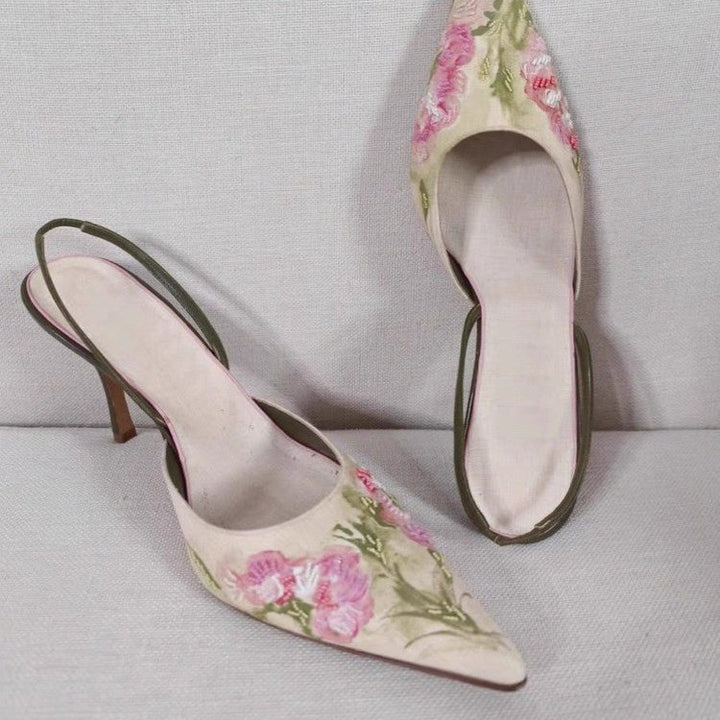 Sandalias de tacón alto con punta bordada y punta estrecha para mujer, zapatos sencillos de estilo chino con boca poco profunda y punta cerrada, para verano de 2024
