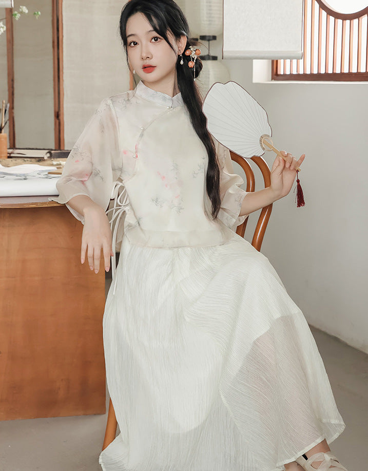 Original new Qingluo new Chinese Zen tea dress fairy girl cheongsam two-piece skirt improved Hanfu summer