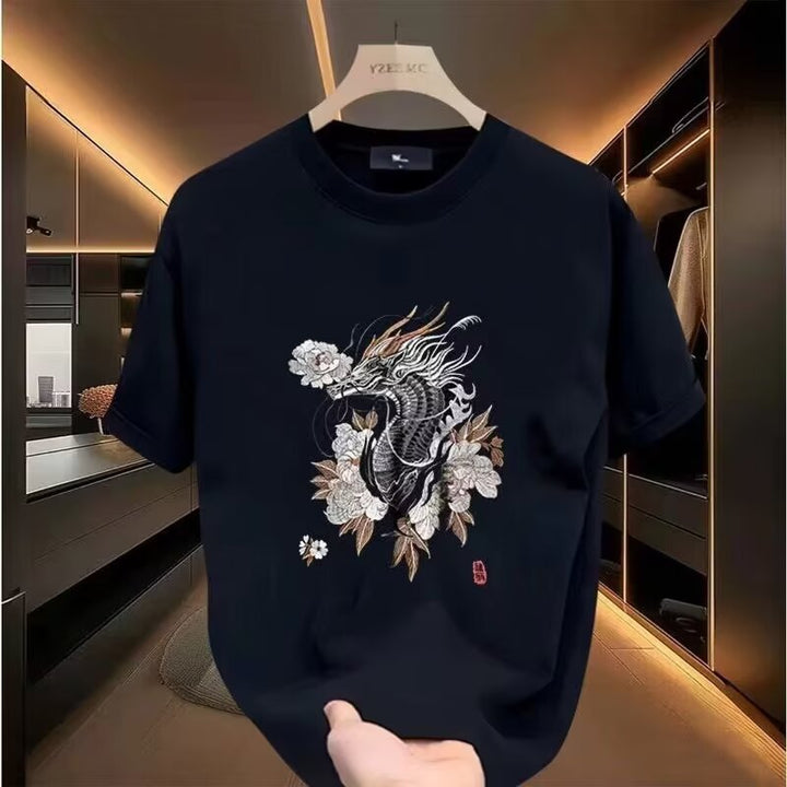 Camiseta de manga corta para hombre de algodón peinado con estampado industrial pesado estilo chino Guochao Shenlong - Camiseta de estilo retro de la marca Summer Tide