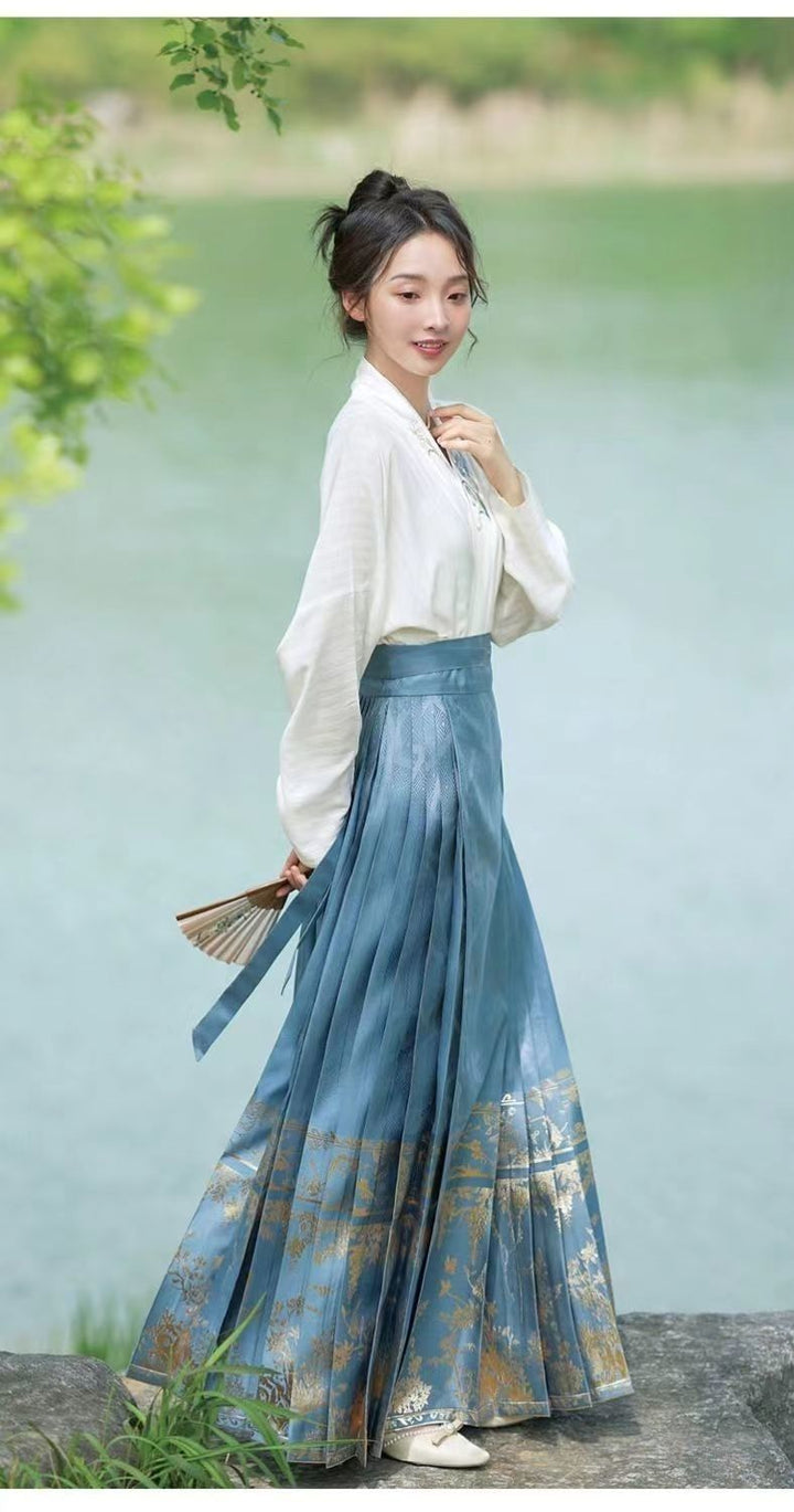 Summer Hanfu Women's New Collection | Simple Floral Ma Mian Skirt Full Set - "Man Ting Fang" Lightweight Commuter Ancient Costume
