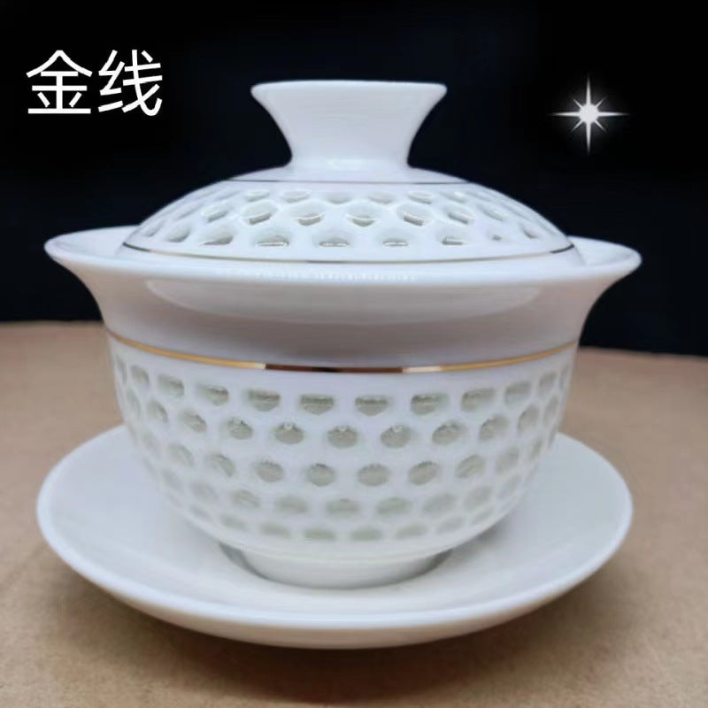 蜂巢玲珑镂空茶具 | 白瓷潮汕功夫茶具 | 创意三才子茶碗