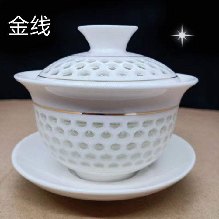 蜂巢玲珑镂空茶具 | 白瓷潮汕功夫茶具 | 创意三才子茶碗
