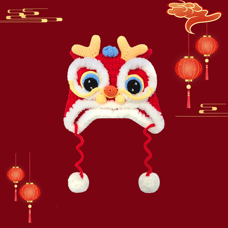 2024 Year of the Dragon Red Chinese Knit Tiger and Dragon Head Hat – Baby's Festive New Year Lion Head Hood