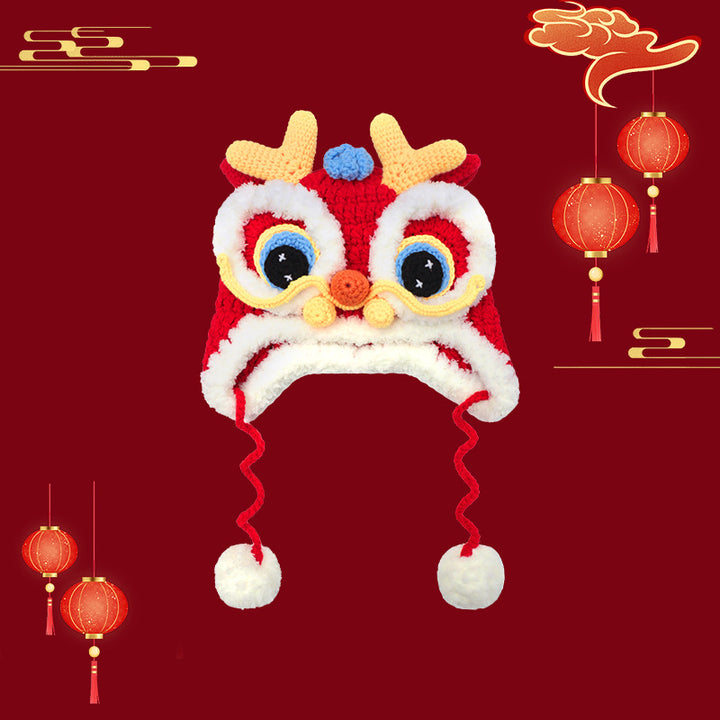 2024 Year of the Dragon Red Chinese Knit Tiger and Dragon Head Hat – Baby's Festive New Year Lion Head Hood