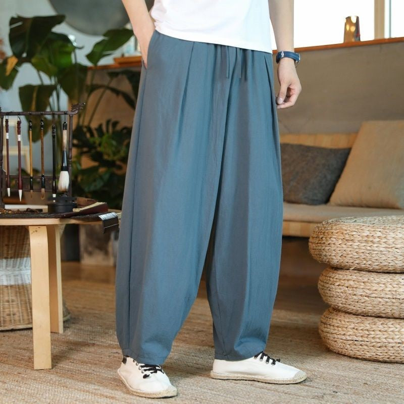 Pantalones de lino de verano de corte holgado estilo chino | Pantalones farol de algodón y lino