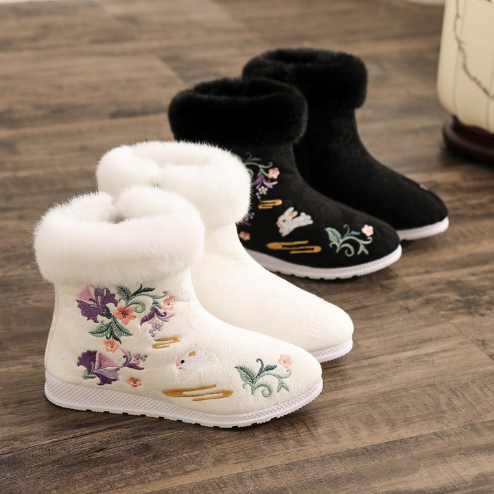 Maokou Furong Conejo Otoño e Invierno Hanfu Traje Antiguo Botas Cortas Bordadas para Mujer Botas de Mujer Estilo Antiguo Danza Botas de Algodón a Juego con Suela Plana