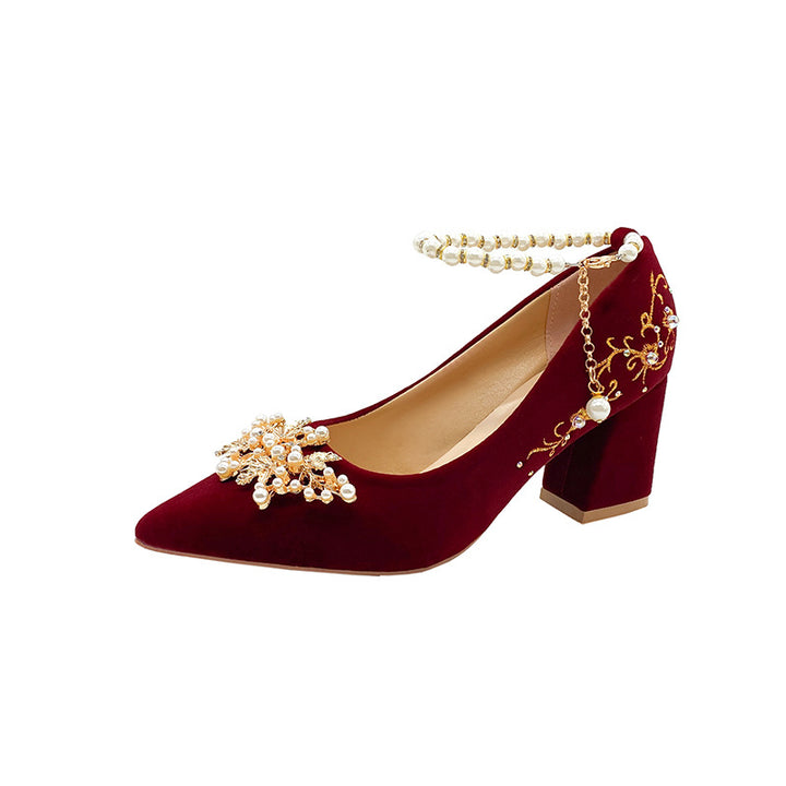 Pointed thick heel wedding shoes 2024 new Chinese style Xiuhe toast dress wine red bride wedding shoes female pregnant woman