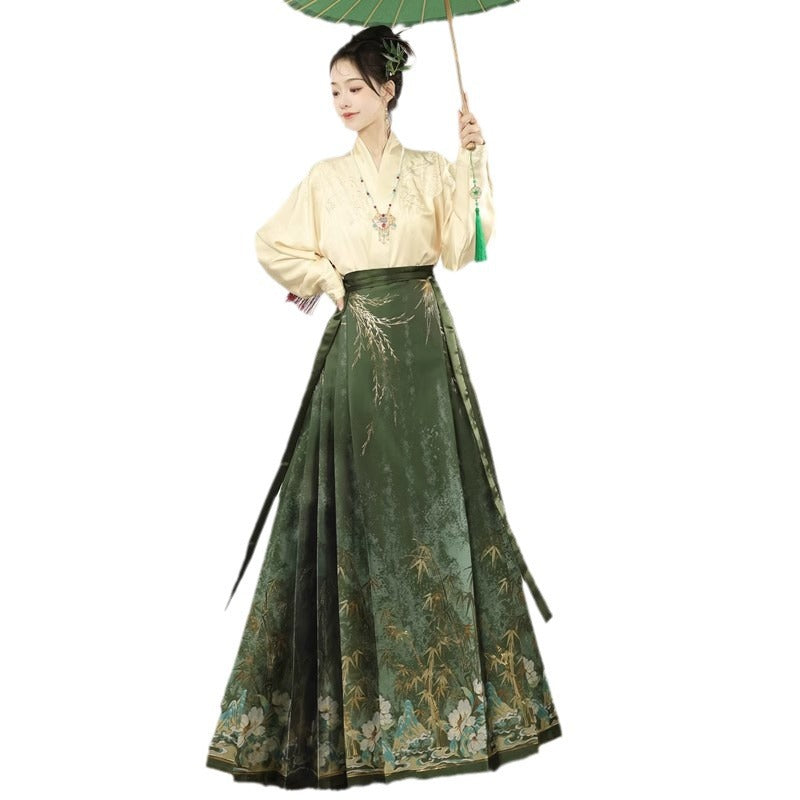 Conjunto original de falda con cara de caballo al estilo chino | Hanfu bordado "Sombras de Bambú" con cuello cruzado y mangas de avión