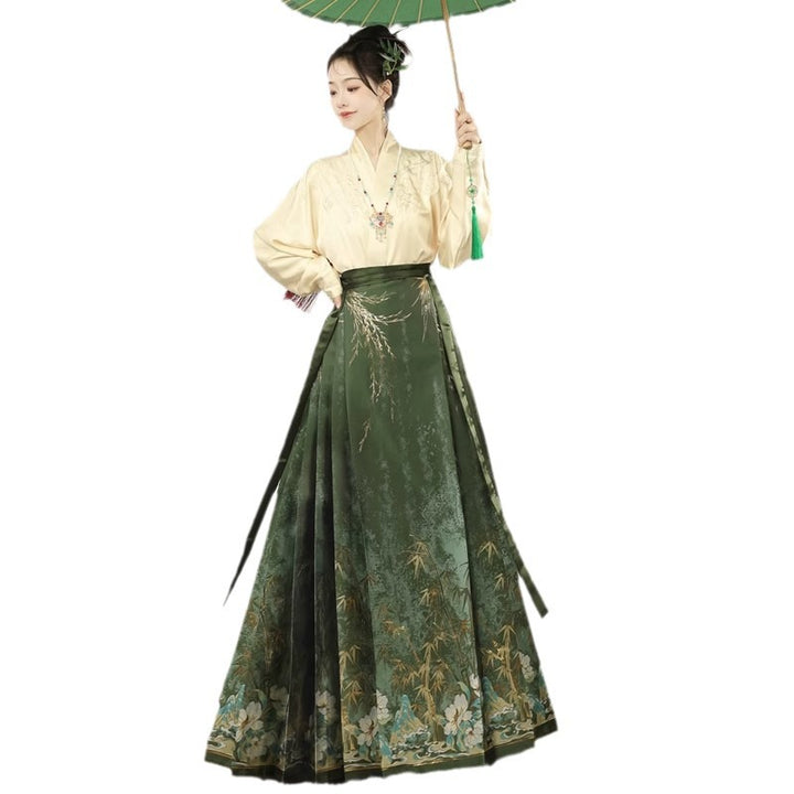Conjunto original de falda con cara de caballo al estilo chino | Hanfu bordado "Sombras de Bambú" con cuello cruzado y mangas de avión