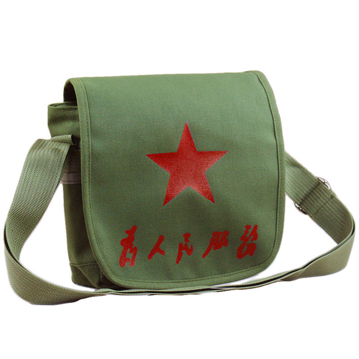 Vintage Mao Zedong "Serve the People" Red Army Bag, Lei Feng Canvas Five-Pointed Star Crossbody Bag, Red Star Shoulder Bag, Green Retro Style