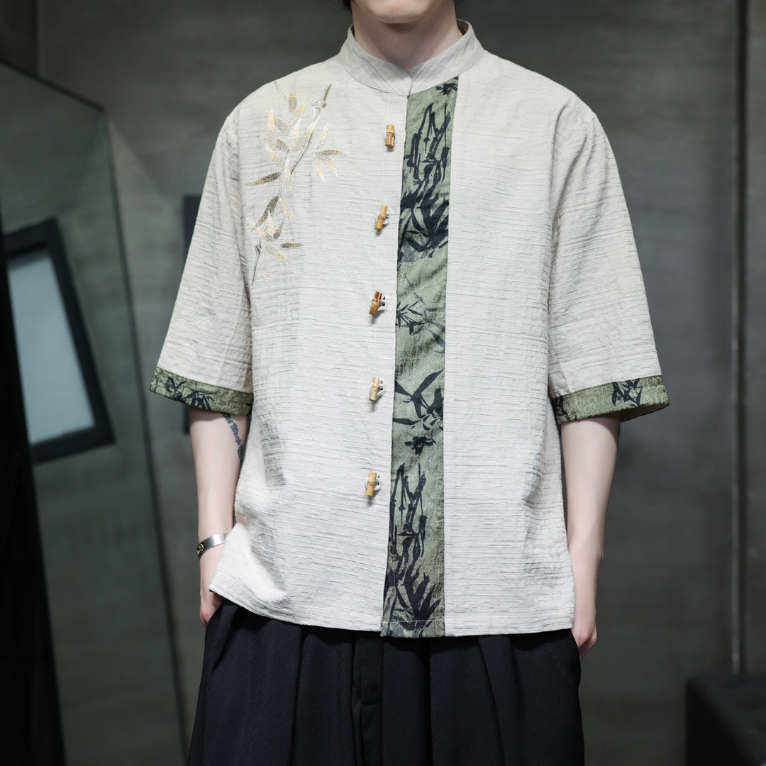 Disc button short sleeve shirt men's Chinese bamboo button bamboo leaf embroidery cotton linen jacquard costume shirt