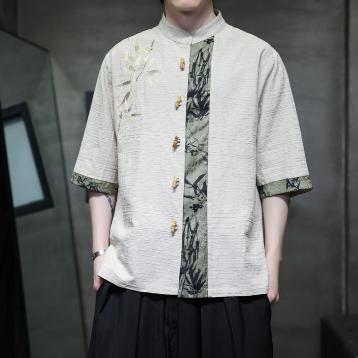 Disc button short sleeve shirt men's Chinese bamboo button bamboo leaf embroidery cotton linen jacquard costume shirt