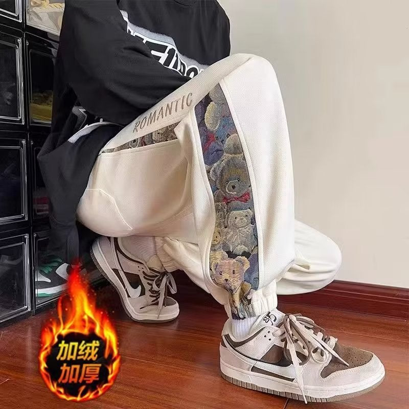 Pantalones deportivos con puños bordados de oso para hombre | Novedad otoño 2023 | Moda estilo chino | Tallas grandes | Pantalones deportivos casuales holgados