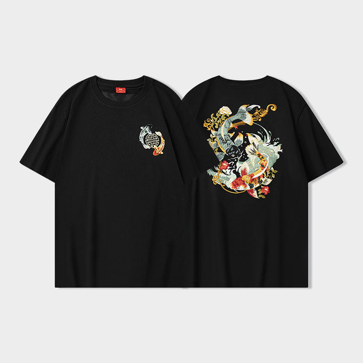 Camiseta de manga corta de verano 2025 para niños, con bordado de flores Koi, tendencia nacional, estilo chino suelto.