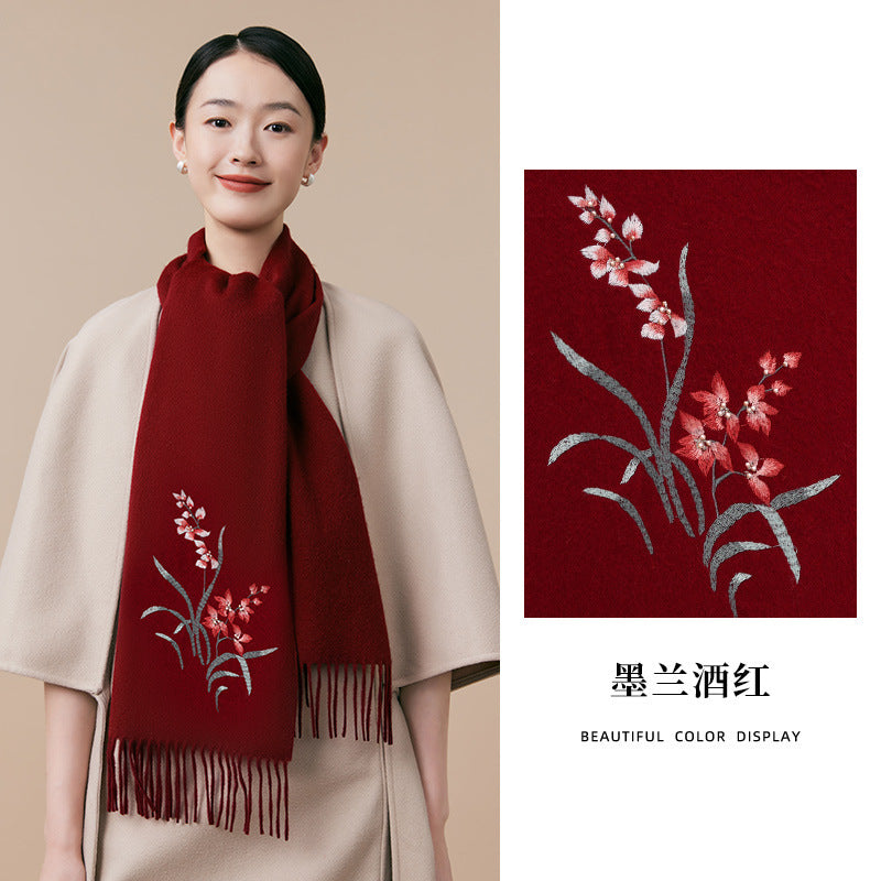 Premium Wine Red 100% Wool Scarf for Women – Chinese-Style Embroidered Winter Wrap
