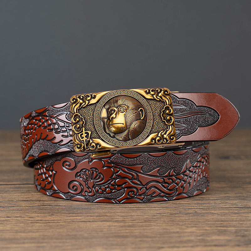 Nueva oferta: Cinturón con hebilla automática del zodiaco y grabado de dragón, de piel de vacuno de doble capa, moderno, informal y con un diseño atrevido.
