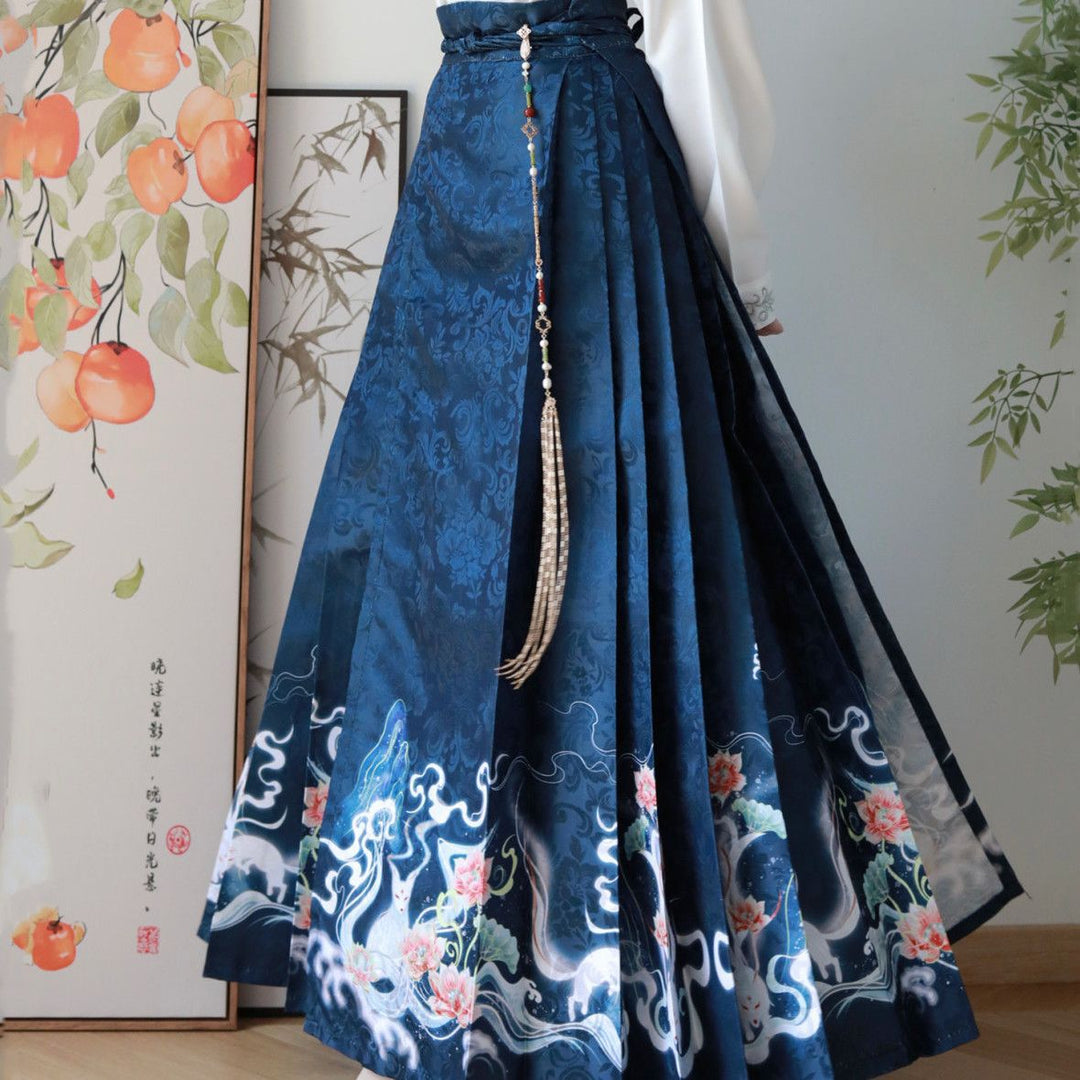 Nuevo Hanfu oriental original de la dinastía Ming: "Zorro Lunar y Loto Floreciente" con mangas planas y falda Ma Mian para mujer, uso diario.