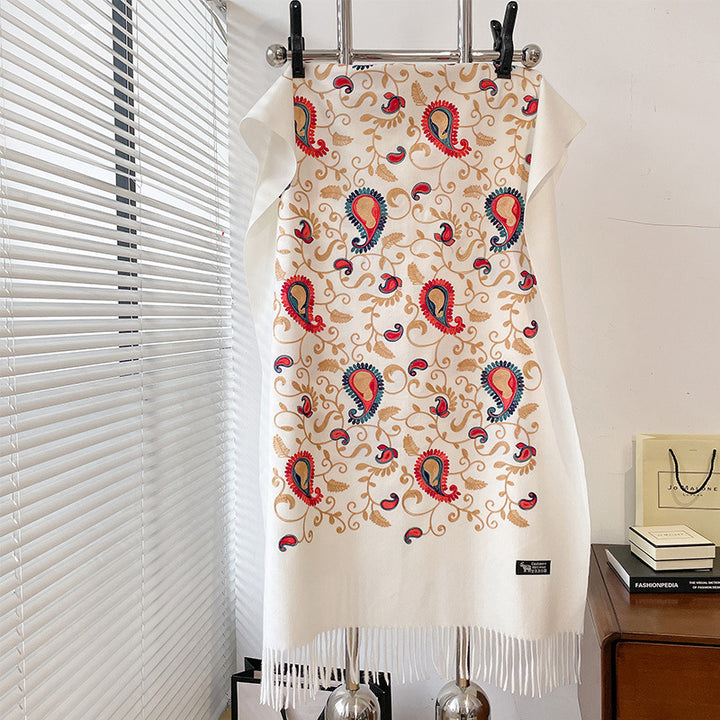 Bufanda cálida de cachemira sintética para mujer, estilo étnico, bordada con flores de cintura y enredadera, para otoño/invierno. Chal de viaje.