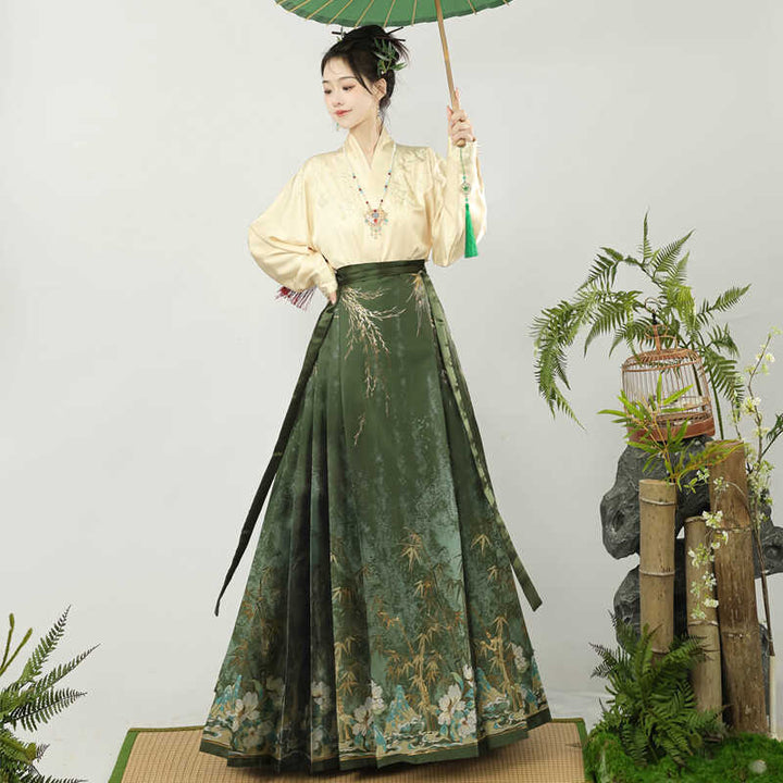 Luo Zhu - Hanfu "Sombra de Bambú" de la dinastía Ming | Conjunto de falda Ma Mian de brocado y mangas de avión para mujer | Hanfu modernizado para uso diario en otoño