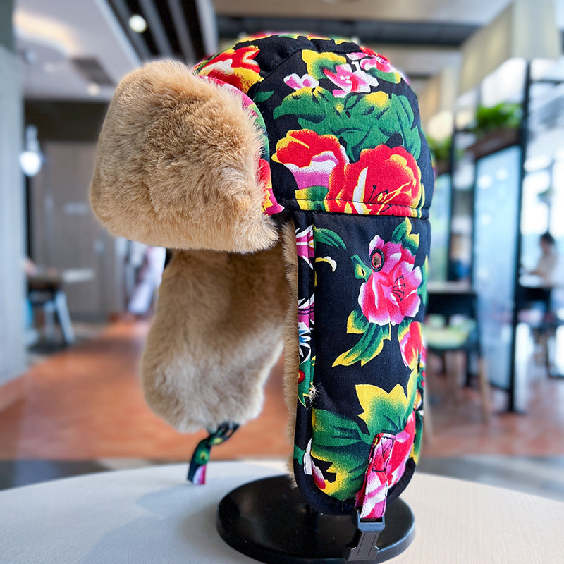Ethnic Style Red Floral Northeast Lei Feng Hat – Unisex Winter Plush Ear Protection Cotton Hat, Outdoor Cycling Cold-Proof Hat