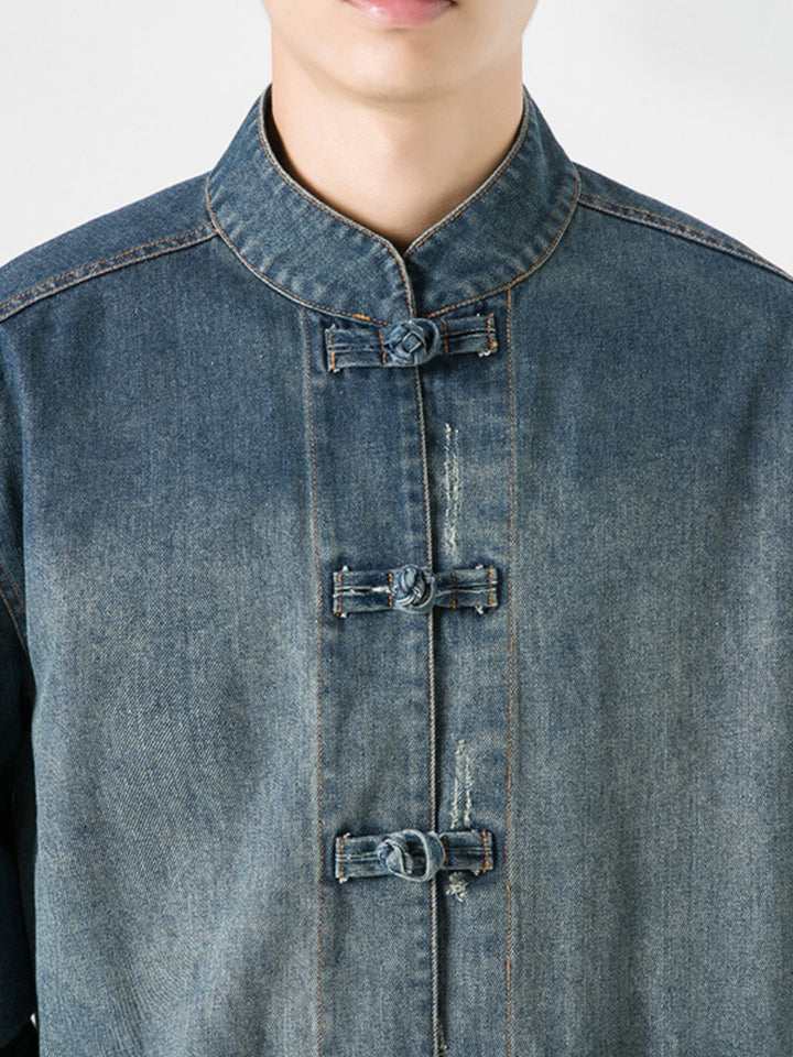 Autumn-Winter Chinese Style Men's Denim Jacket | Loose Fit Vintage Zhongshan Jacket | Chinese Tang Jacket