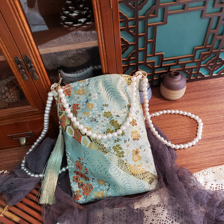 Bolso con borlas estilo chino: diseño cuadrado vertical con perlas para hanfu y cheongsam