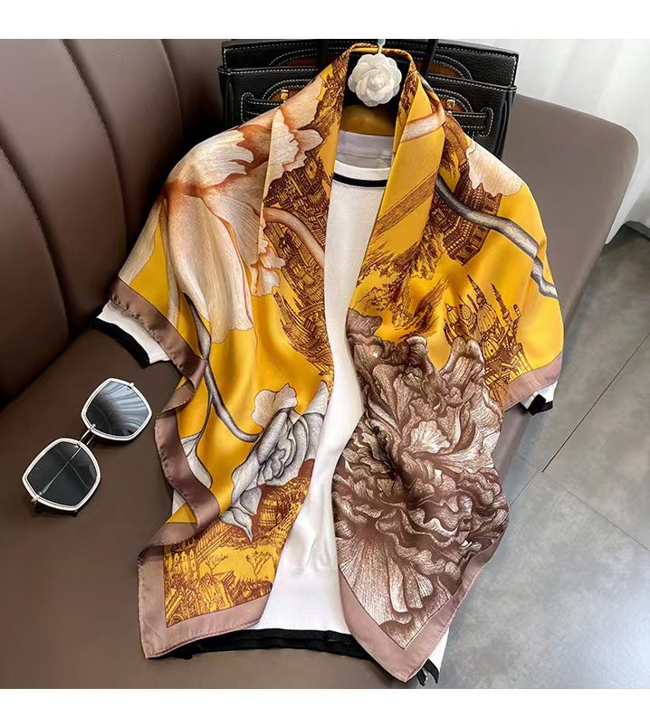 Nuevo regalo de estilo chino para mujer: pañuelo de seda con estampado "Mil millas de ríos y montañas", chal cuadrado grande para el Día de la Madre.
