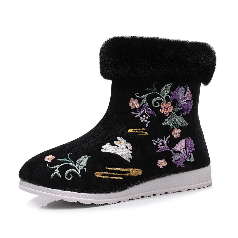 Maokou Furong Conejo Otoño e Invierno Hanfu Traje Antiguo Botas Cortas Bordadas para Mujer Botas de Mujer Estilo Antiguo Danza Botas de Algodón a Juego con Suela Plana