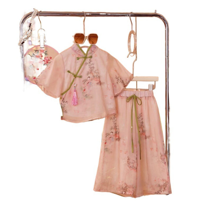 Traje Hanfu de verano para niñas 2024, nuevo estilo chino, traje Tang para niñas medianas y grandes, nuevo traje antiguo chino de manga corta
