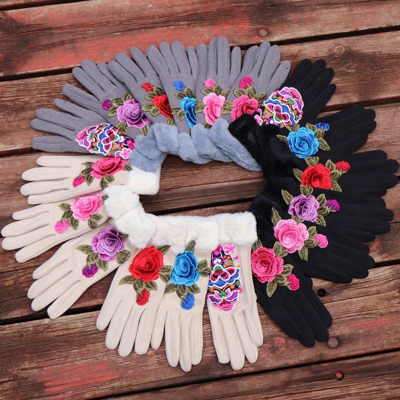 Guantes de dedos completos para mujer: diseño floral bordado étnico de Yunnan con ribete de piel sintética