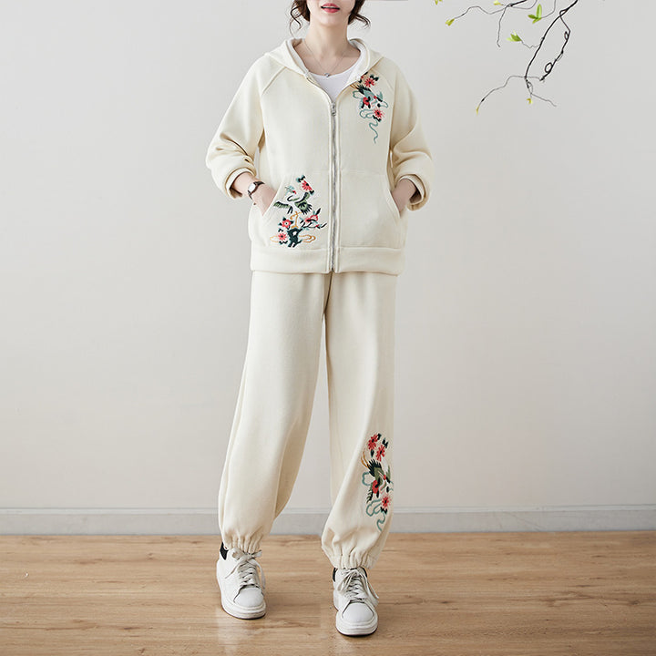 Conjunto étnico invernal de talla grande, de alta calidad y antiedad: sudadera bordada de tendencia nacional y pantalones largos holgados.