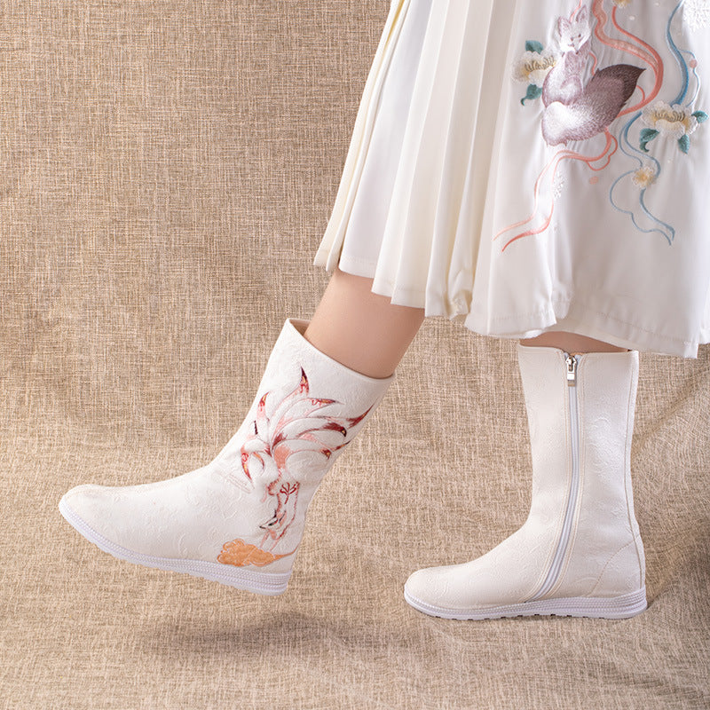 Jiuwei, nuevas botas bordadas de estilo étnico de tubo largo para otoño e invierno, botas Hanfu bordadas retro, botas bordadas de tubo largo para mujer