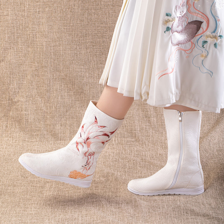 Jiuwei, nuevas botas bordadas de estilo étnico de tubo largo para otoño e invierno, botas Hanfu bordadas retro, botas bordadas de tubo largo para mujer