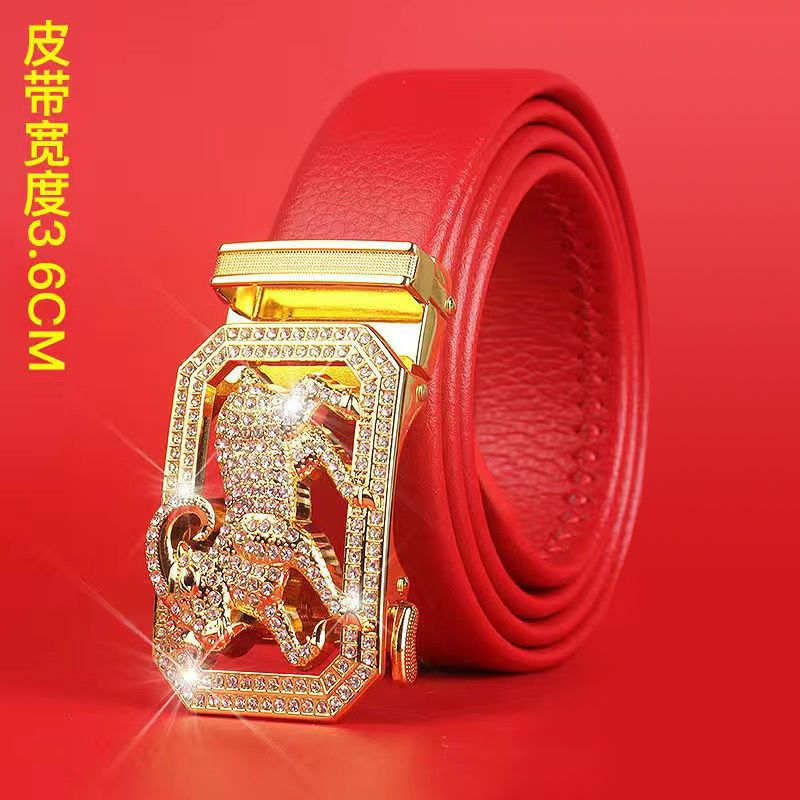 Cinturón del Zodiaco para Hombre: Piel Genuina, Hebilla Automática, Cinturón Rojo para el Año del Zodiaco, Ropa de Negocios e Informal, Regalo de Boda Perfecto