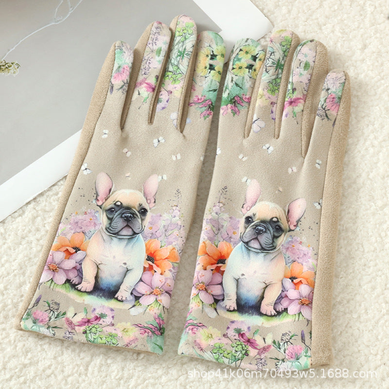 秋冬新款麂皮绒3D油画手套可爱小猫日式加厚保暖防寒手套厂家批发