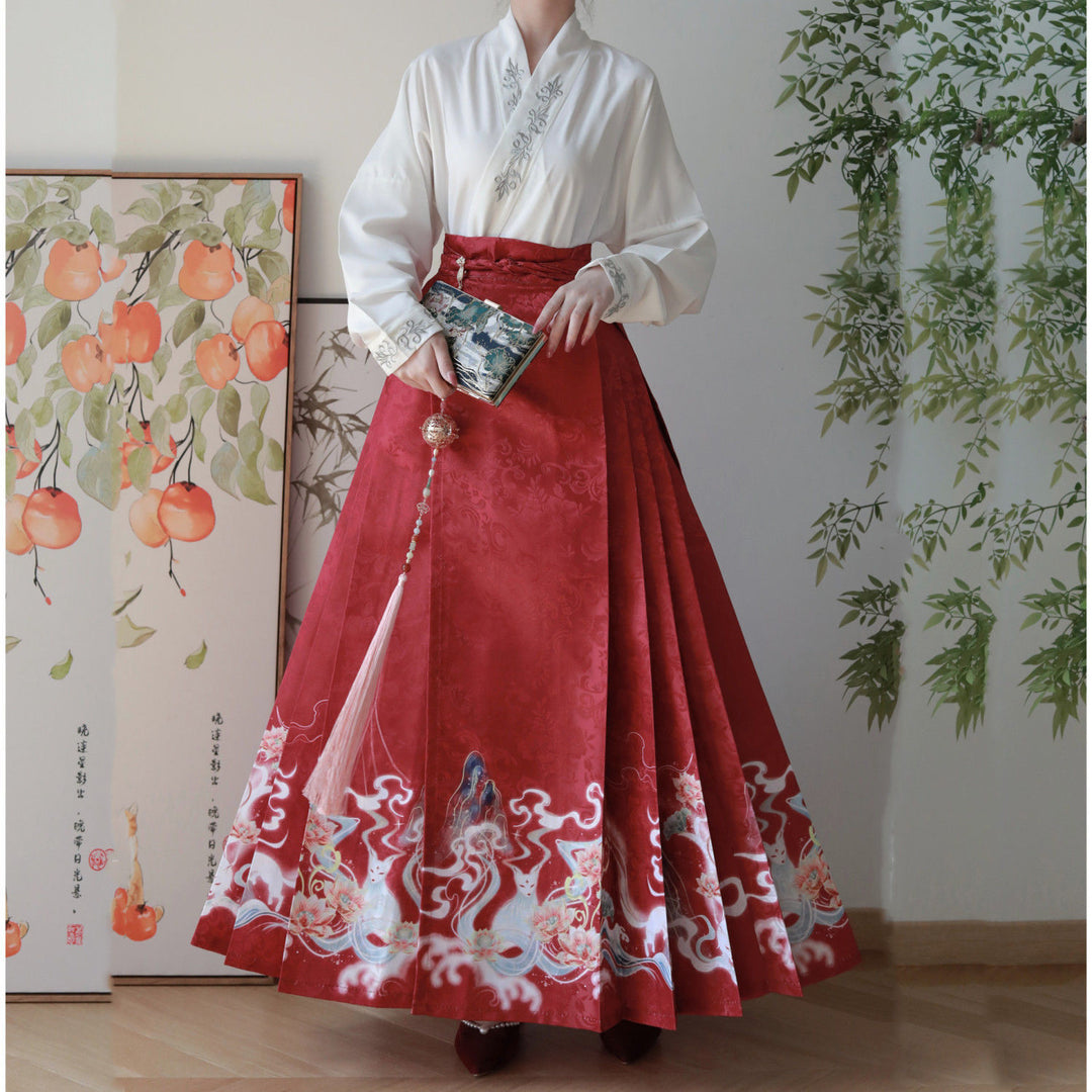 Nuevo Hanfu oriental original de la dinastía Ming: "Zorro Lunar y Loto Floreciente" con mangas planas y falda Ma Mian para mujer, uso diario.