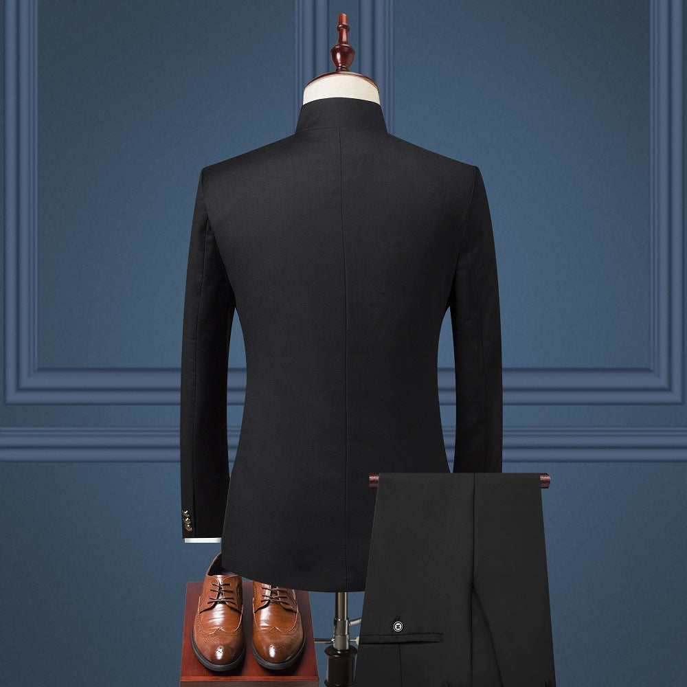 Traje clásico Zhongshan, chaqueta y pantalón, traje de dos piezas, estilo retro, pecho abierto, doble tenedor, botón dorado, traje de comercio exterior para hombre, venta al por mayor