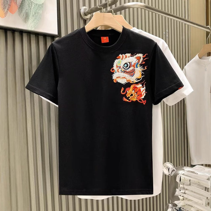 Camiseta de manga corta con bordado de león para hombre en verano, camiseta de hombros rectos de peso pesado, tops sueltos de estilo chino de moda, comercio exterior