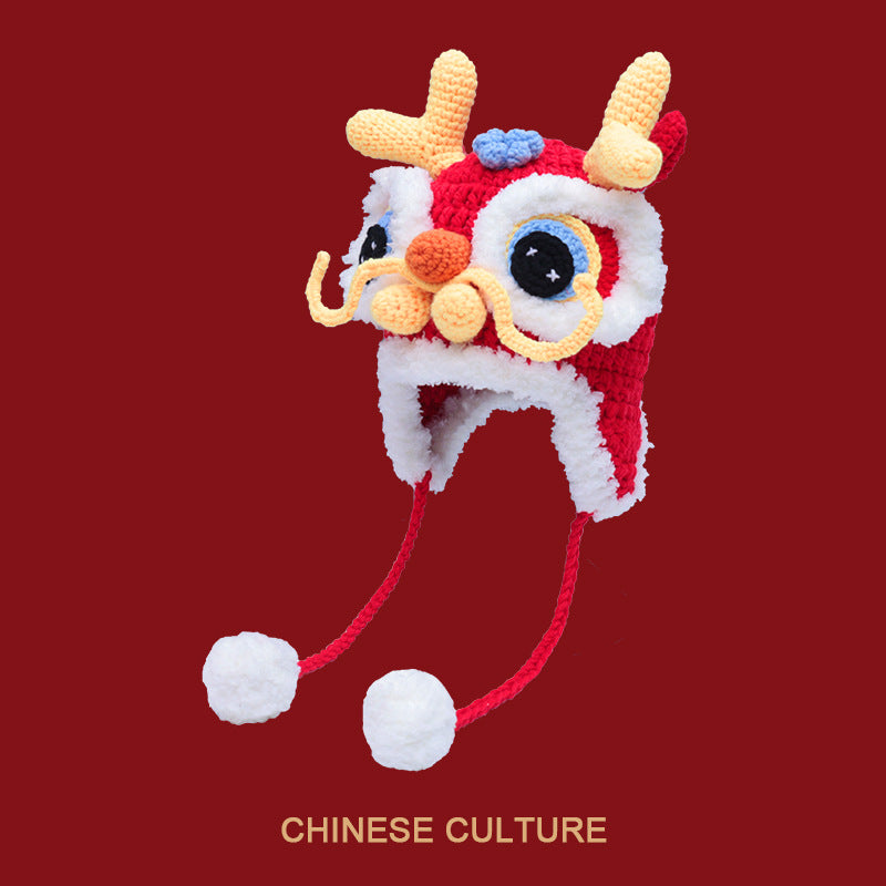 2024 Year of the Dragon Red Chinese Knit Tiger and Dragon Head Hat – Baby's Festive New Year Lion Head Hood
