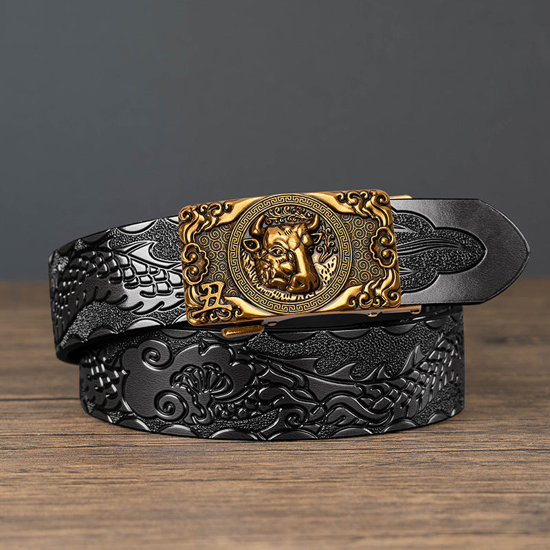 Nueva oferta: Cinturón con hebilla automática del zodiaco y grabado de dragón, de piel de vacuno de doble capa, moderno, informal y con un diseño atrevido.