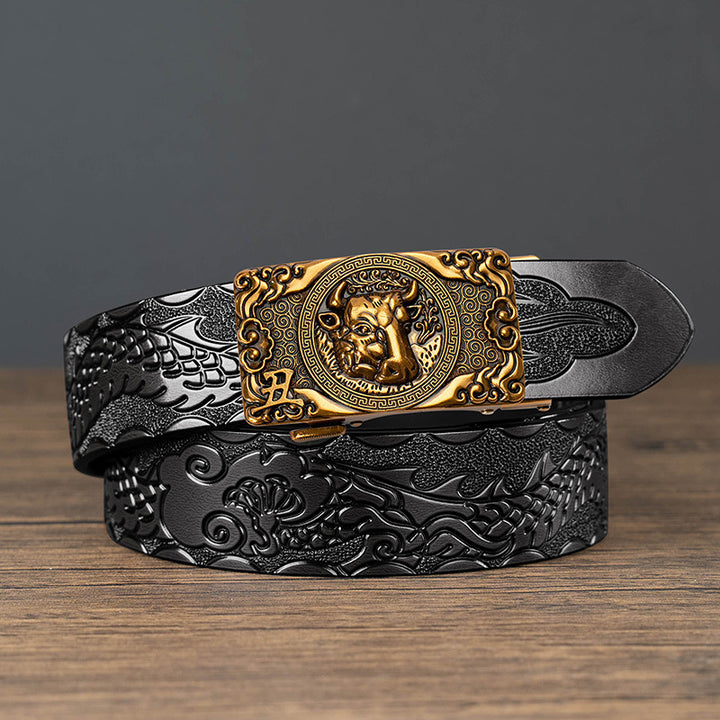 Nueva oferta: Cinturón con hebilla automática del zodiaco y grabado de dragón, de piel de vacuno de doble capa, moderno, informal y con un diseño atrevido.