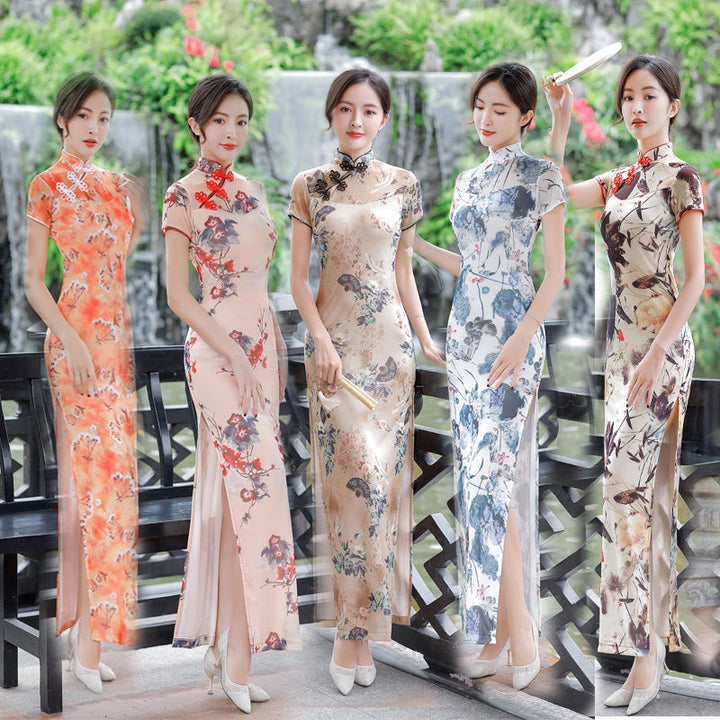 Vestido cheongsam largo de verano 2025, doble capa, talla grande, retro, mejorado, ajustado, para uso diario.
