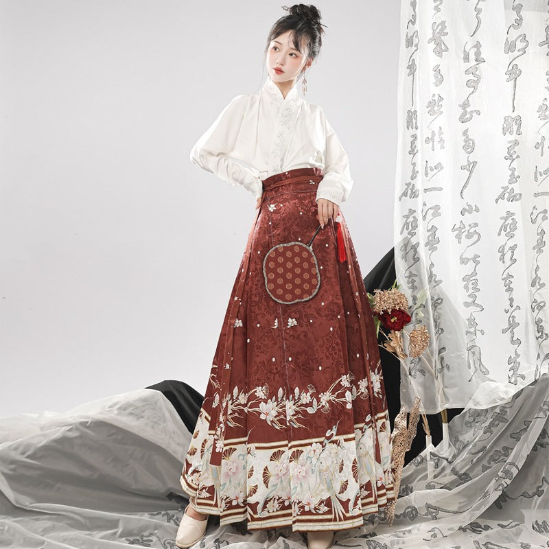 Traje de falda con cara de caballo estilo chino con mangas de avión y cuello cruzado bordado de la dinastía Ming para mujer de Hanfu original, ajustado para uso diario