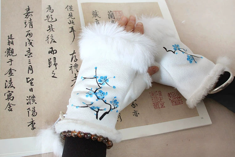 Guantes Qianqian de jade pintados a mano, de piel de conejo, cálidos, de medio dedo, hermosos guantes de invierno de estilo chino para mujer, edición de Navidad y Año Nuevo.