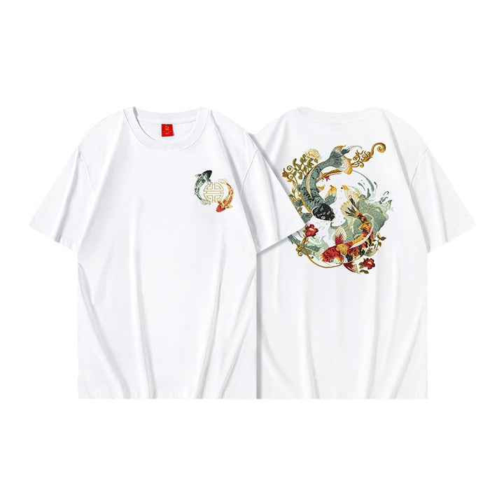 Camiseta de manga corta de verano 2025 para niños, con bordado de flores Koi, tendencia nacional, estilo chino suelto.