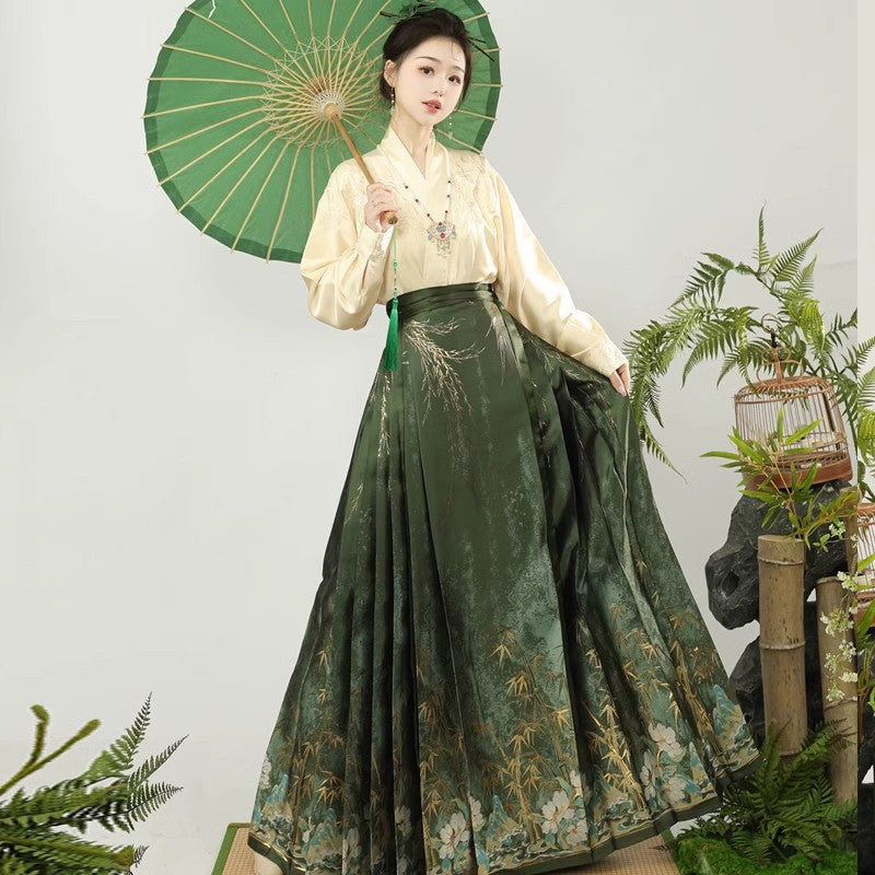 Conjunto original de falda con cara de caballo al estilo chino | Hanfu bordado "Sombras de Bambú" con cuello cruzado y mangas de avión