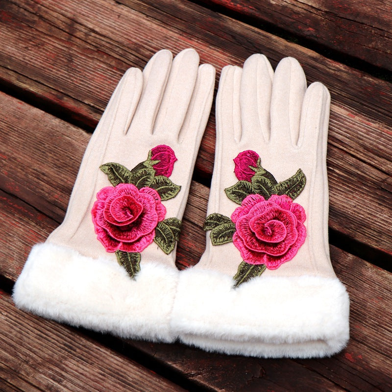 Guantes de dedos completos para mujer: diseño floral bordado étnico de Yunnan con ribete de piel sintética