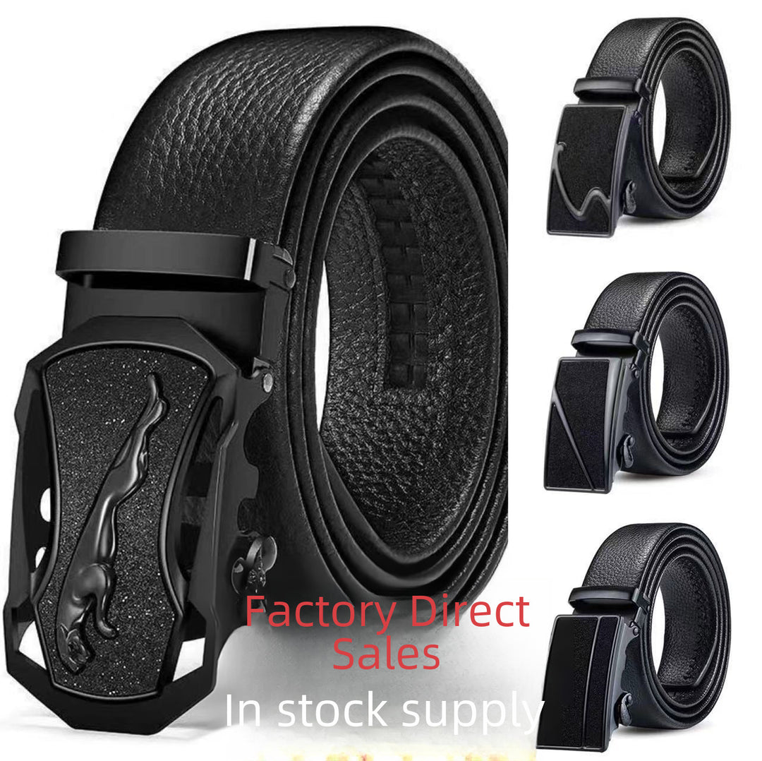 Cinturón de cuero informal de negocios para hombre: hebilla automática con diseño texturizado de grano de lichi.