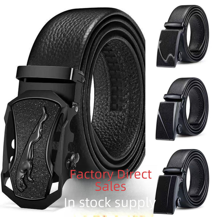 Cinturón de cuero informal de negocios para hombre: hebilla automática con diseño texturizado de grano de lichi.
