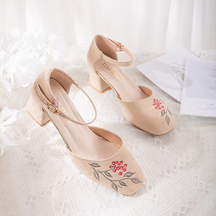 Yuandai 2022 primavera y verano nuevos zapatos cheongsam de tacón alto con punta cuadrada bordados Mary Jane sandalias de estilo nacional retro zapatos de estilo étnico